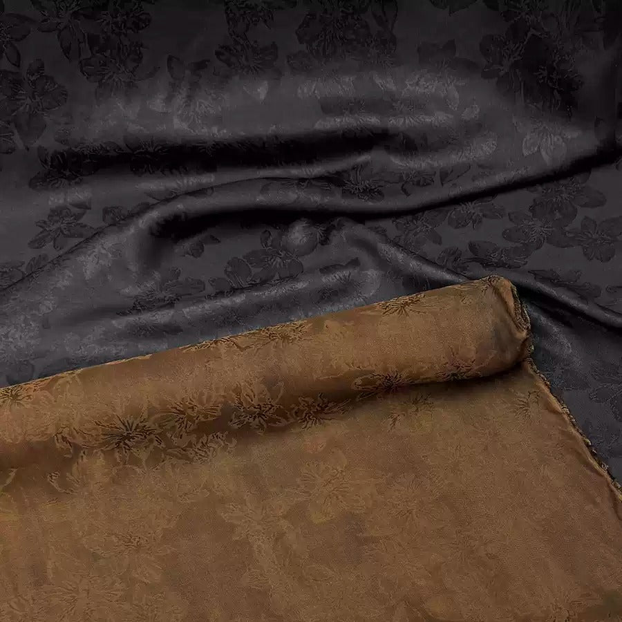 单黑山茶花 Mud Silk fabric, Jacquard HUALUO, 25 momme 110cm wide by the Yard