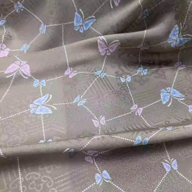 XYLN046 - Leno silk fabric with beautiful prints, blue and pink butterfly, 114cm wide by the yard