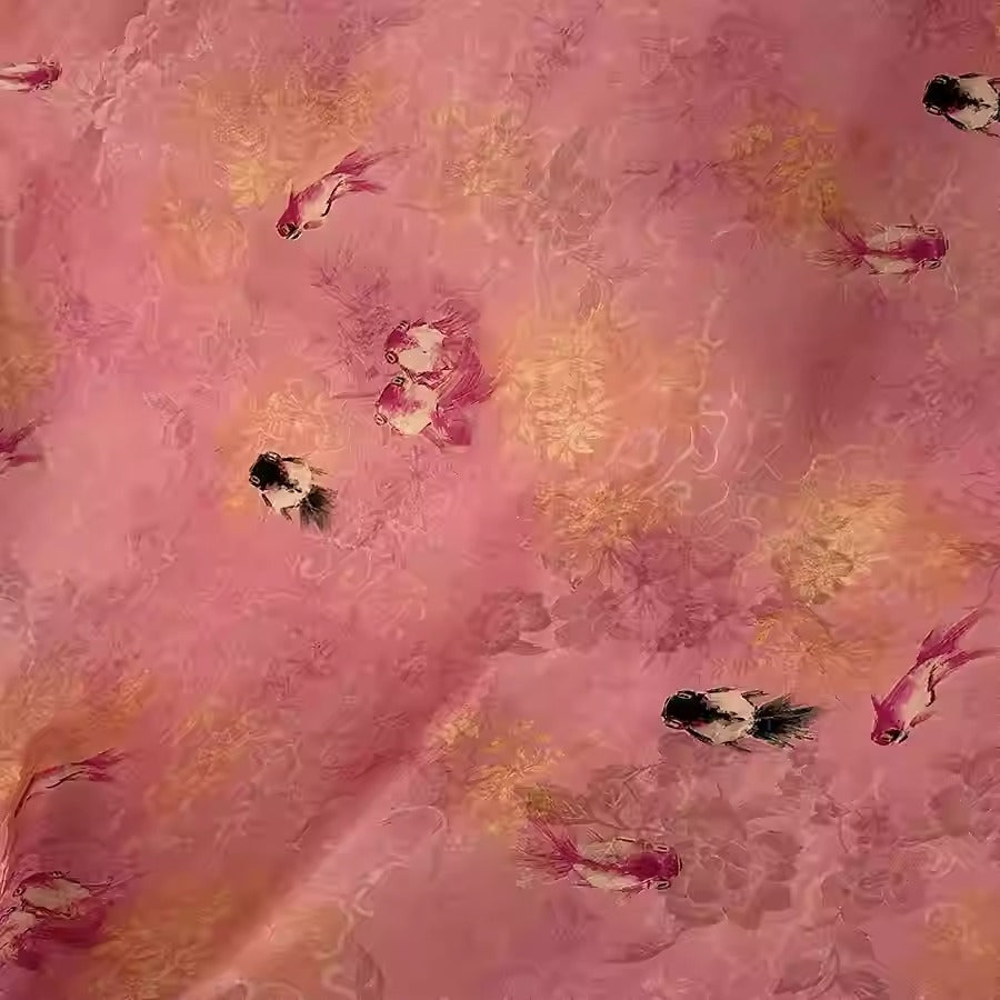 XYHYS 粉色锦鲤- Jacquard HUALUO Hongyunsha silk fabric, 26 momme openwork texture, 110cm by the Yard