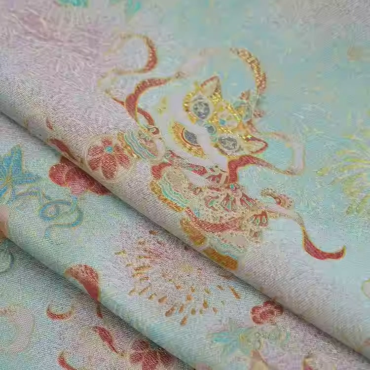 XYLDXSJ 醒狮杂宝纹蓝粉色- Gilt-Thread Song Brocade 织金宋锦, 38 momme 140cm wide by the yard