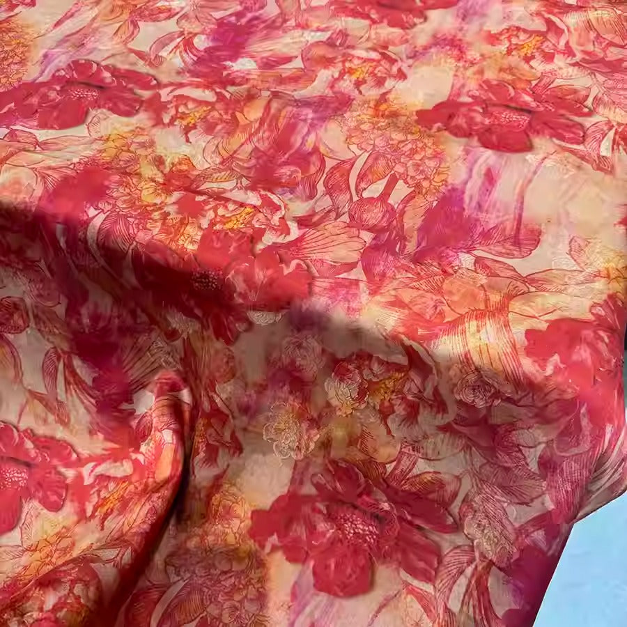 XYHYS 红色大花- Jacquard HUALUO Hongyunsha silk fabric, 25 momme openwork texthture, 110cm by e Yard