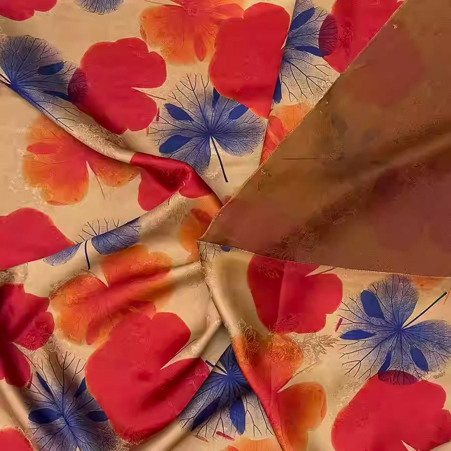 XYHYS 紫红落叶- Jacquard HUALUO Hongyunsha silk fabric, 25 momme openwork texthture, 110cm by e Yard