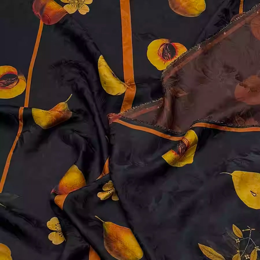 XYHYS 黑底桃果- Jacquard HUALUO Hongyunsha silk fabric, 25 momme openwork texthture, 110cm by e Yard