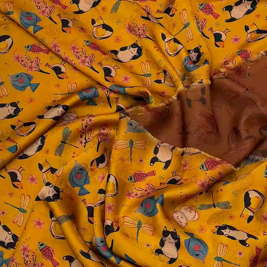 XYHYS 猫鱼鸟蜻蜓- Jacquard HUALUO Hongyunsha silk fabric, 25 momme openwork texthture, 110cm by e Yard
