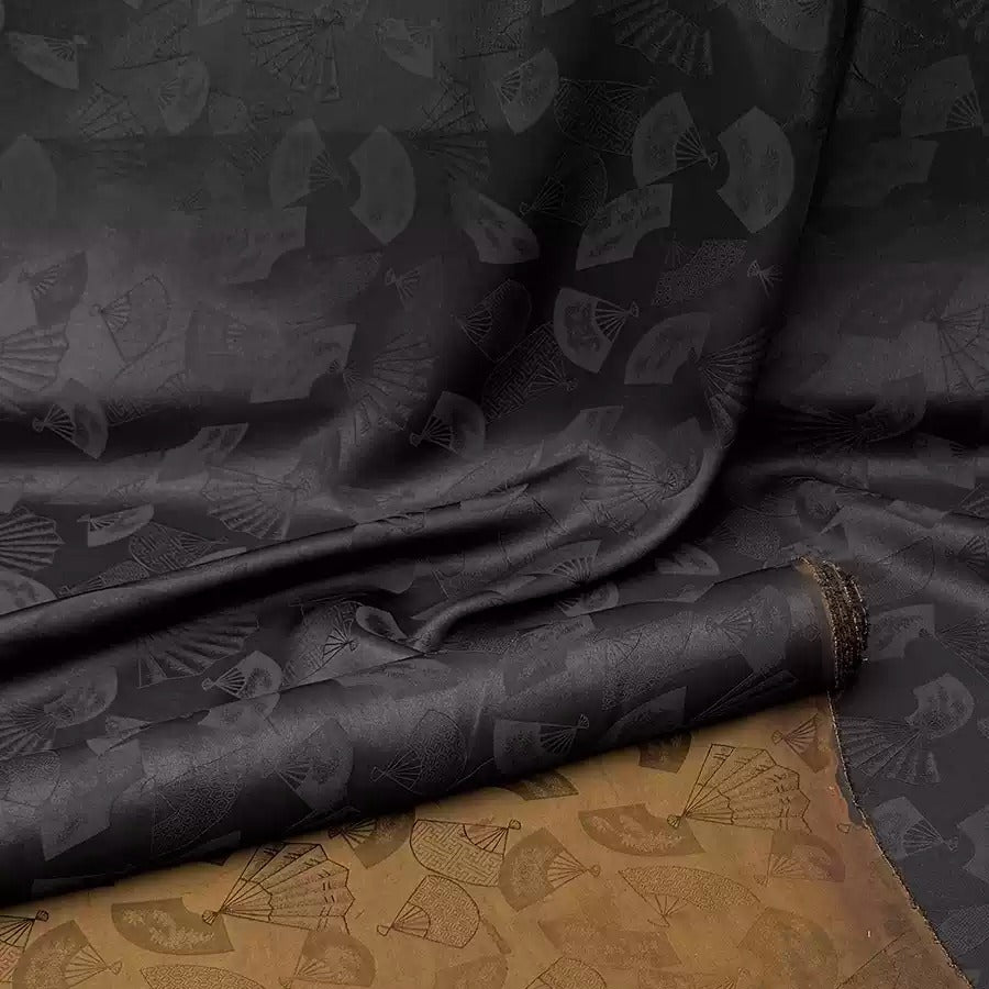 单黑扇子 Mud Silk fabric, Jacquard HUALUO, 25 momme 110cm wide by the Yard