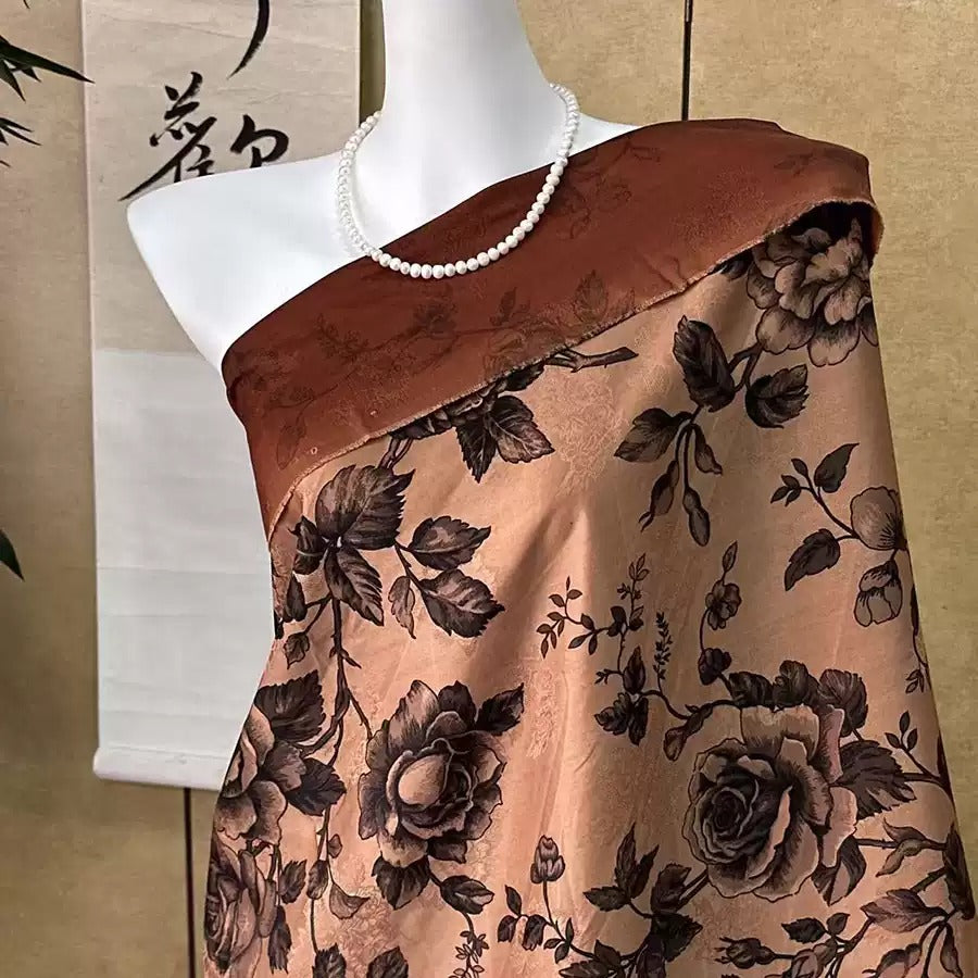 褐金牡丹绘 Mud Silk fabric, Jacquard HUALUO, 25 momme 110cm wide by the Yard