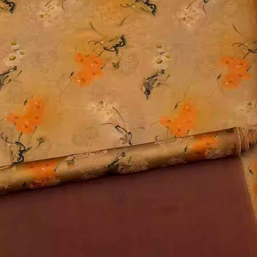 XYHYS 晕染橙花- Jacquard HUALUO Hongyunsha silk fabric, 25 momme openwork texthture, 110cm by e Yard