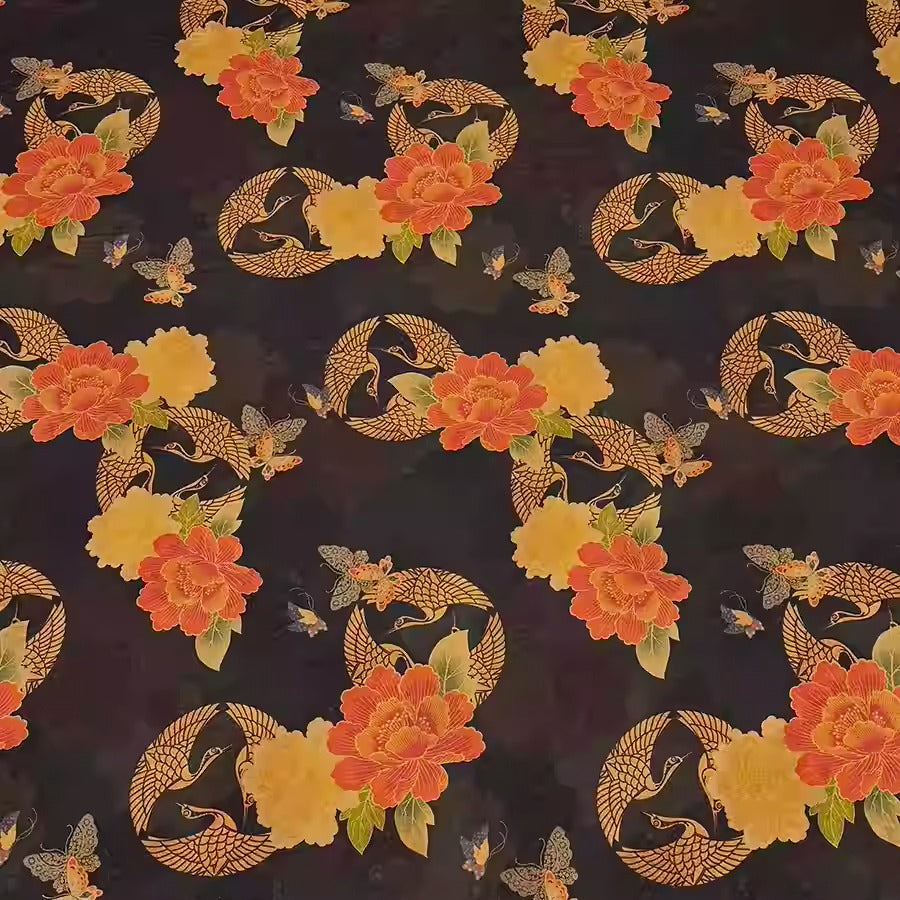 XYHYS 黑韵金凰花- Jacquard HUALUO Hongyunsha silk fabric, 25 momme openwork texthture, 110cm by e Yard
