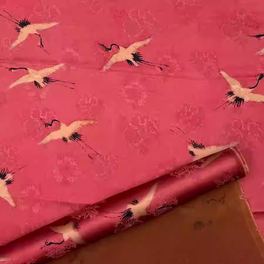 XYHYS 红色瑞鹤图- Jacquard HUALUO Hongyunsha silk fabric, 25 momme openwork texthture, 110cm by e Yard