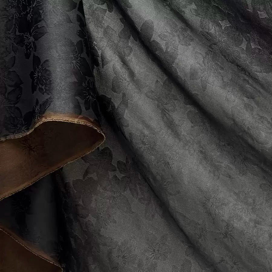 单黑山茶花 Mud Silk fabric, Jacquard HUALUO, 25 momme 110cm wide by the Yard