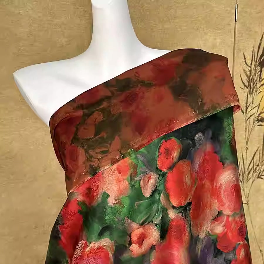 XYHYS 油画蔷薇- Jacquard HUALUO Hongyunsha silk fabric, 25 momme openwork texthture, 110cm by e Yard