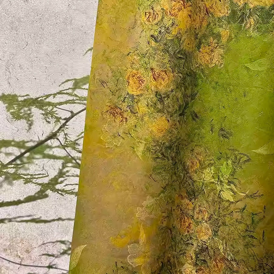 XYHYS 绿底黄玫瑰- Jacquard HUALUO Hongyunsha silk fabric, 25 momme openwork texture, 110cm by the Yard