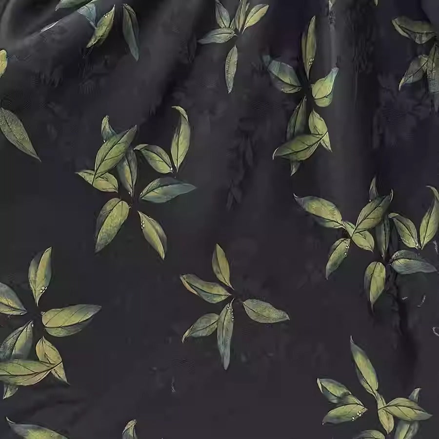 XYHYS 黑底绿叶- Jacquard HUALUO Hongyunsha silk fabric, 26 momme openwork texture, 110cm by the Yard