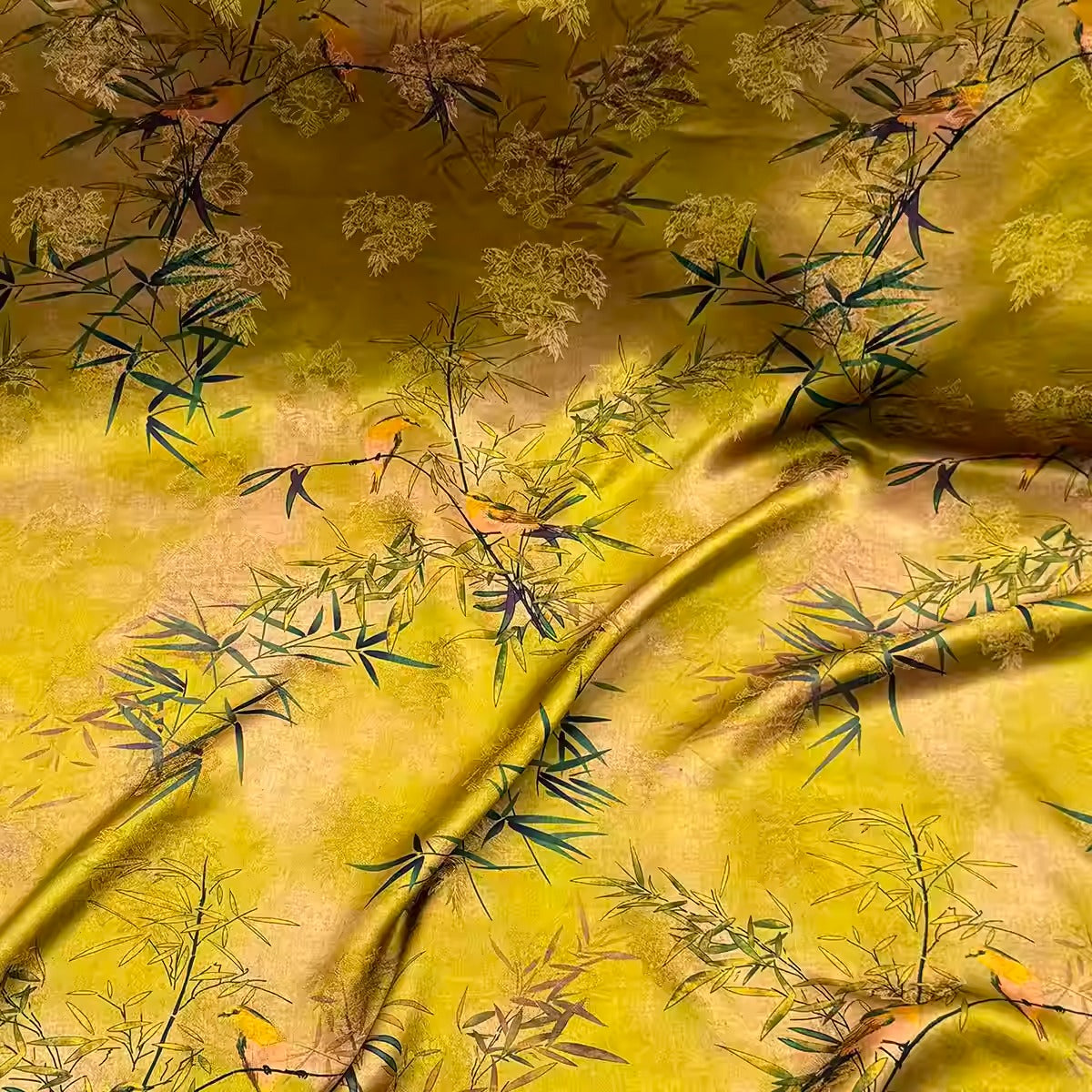 XYHYS 黄韵竹鸟- Jacquard HUALUO Hongyunsha silk fabric, 25 momme openwork texture, 110cm by the Yard