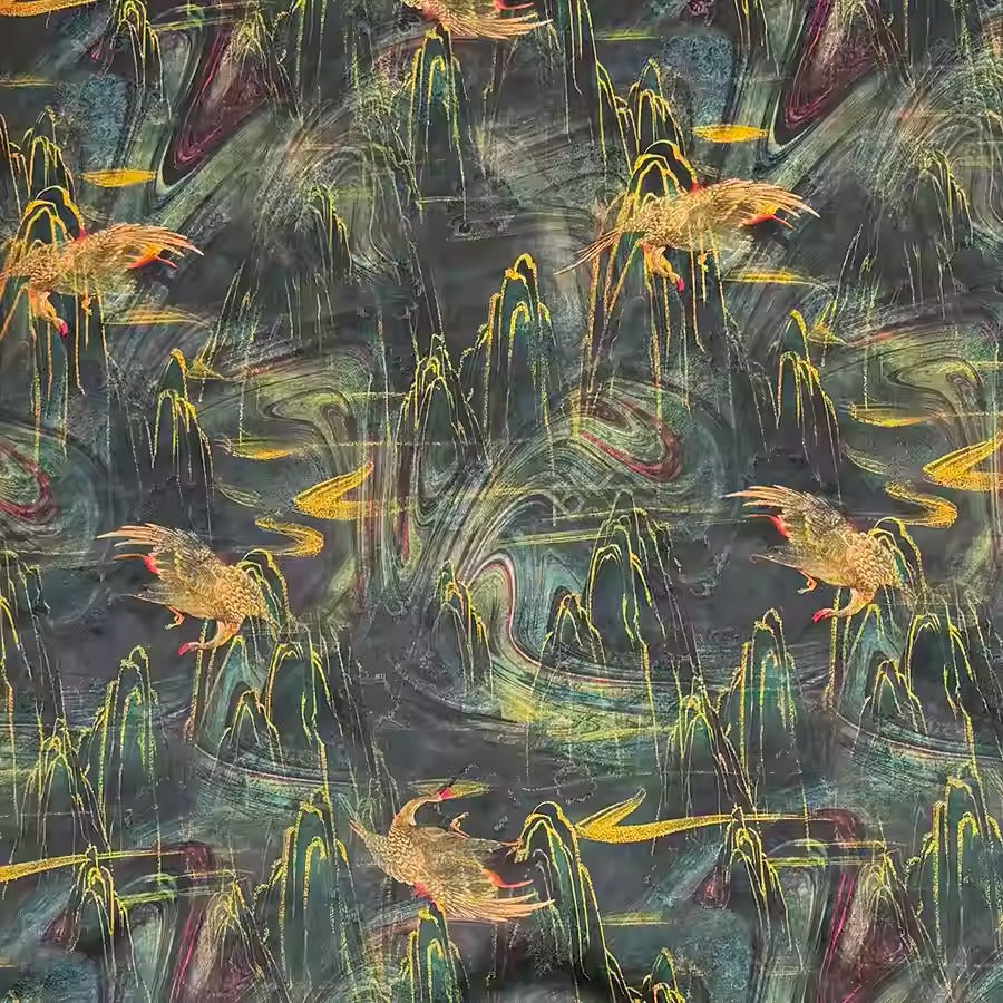 XYHYS 墨染金鹤- Jacquard HUALUO Hongyunsha silk fabric, 25 momme openwork texthture, 110cm by e Yard