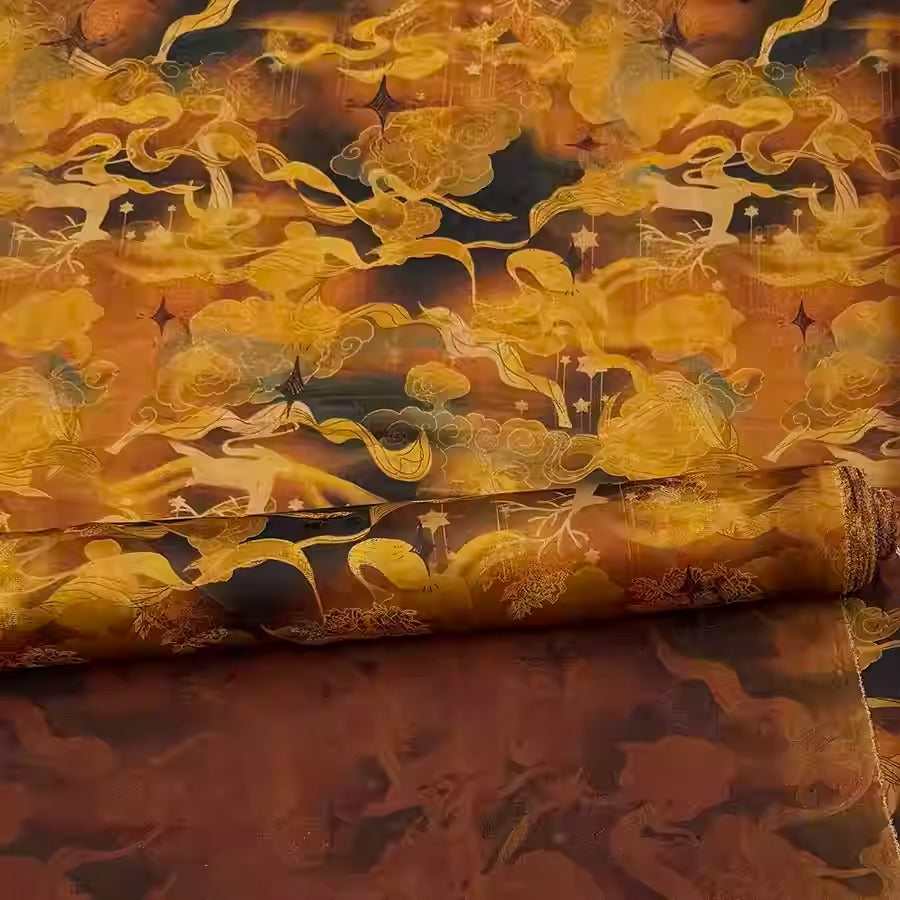 XYHYS 云丝祥鹿- Jacquard HUALUO Hongyunsha silk fabric, 25 momme openwork texthture, 110cm by e Yard