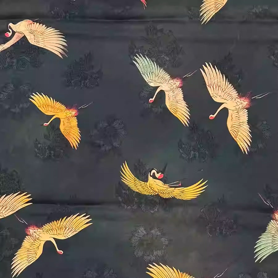 XYHYS 黑色瑞鹤图- Jacquard HUALUO Hongyunsha silk fabric, 26 momme openwork texture, 110cm by the Yard