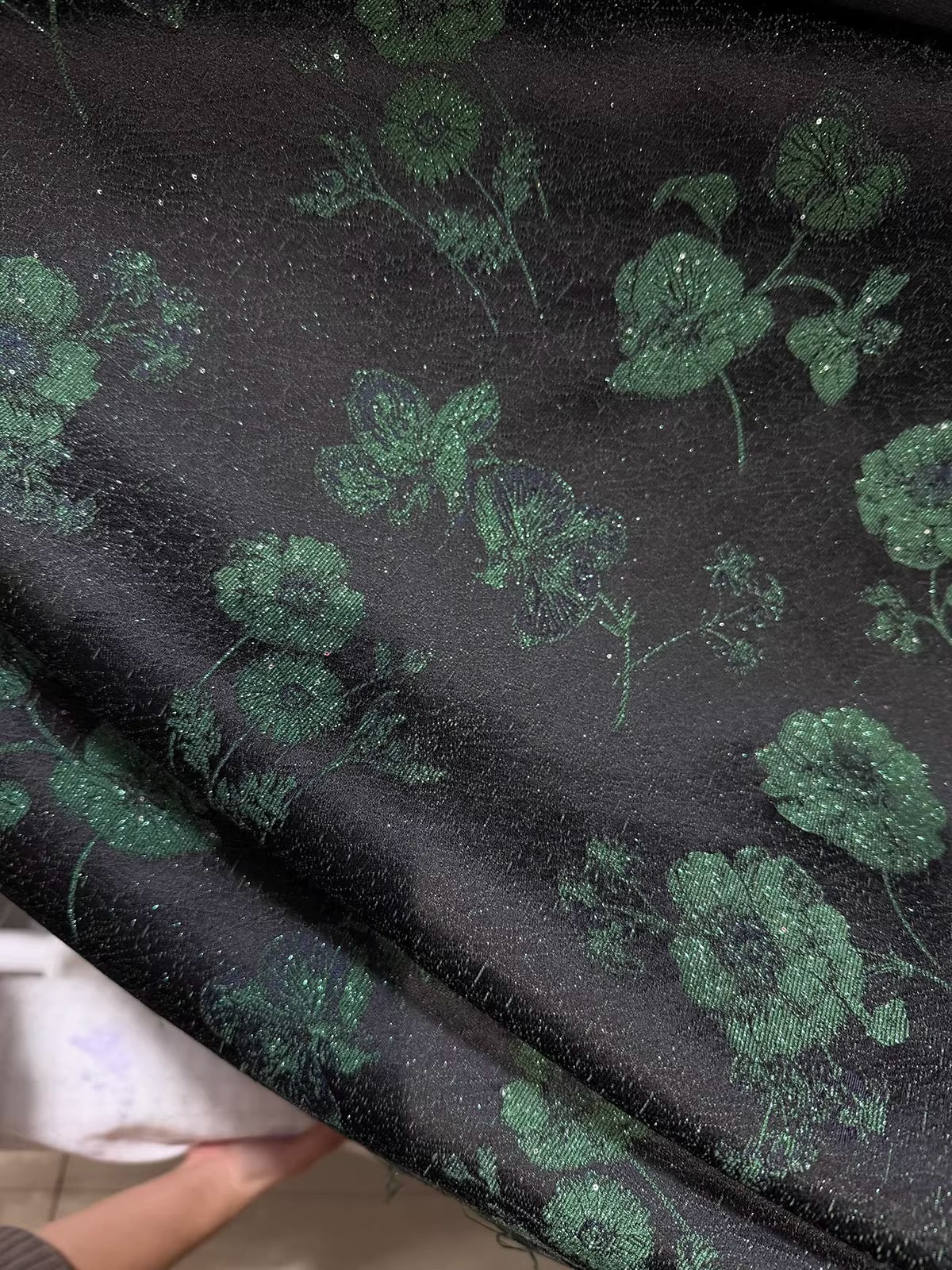 SJKSM006- Jacquard silk wool blend fabric,  57 momme ,flower dark green , 135cm wide by the yard