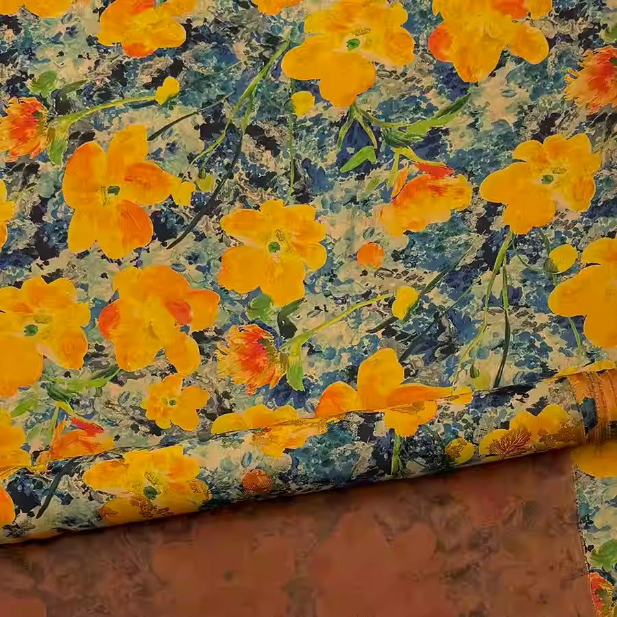 XYHYS 油画黄花- Jacquard HUALUO Hongyunsha silk fabric, 25 momme openwork texthture, 110cm by e Yard