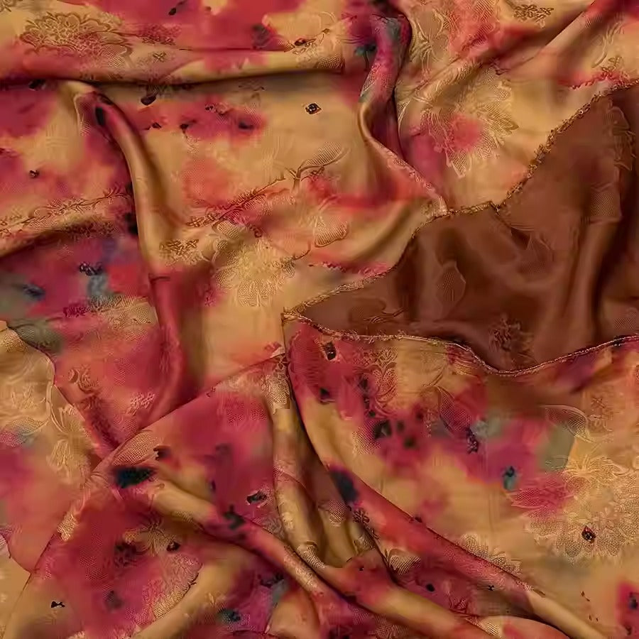 XYHYS 红黄晕染- Jacquard HUALUO Hongyunsha silk fabric, 25 momme openwork texthture, 110cm by e Yard