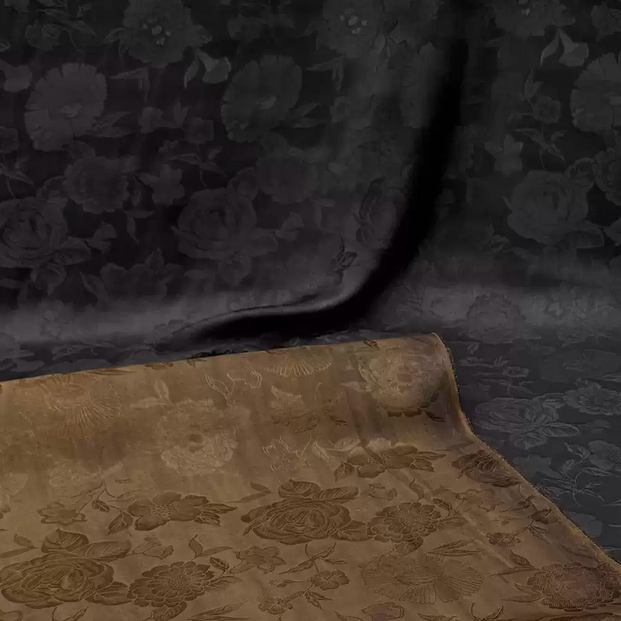 单黑牡丹 Mud Silk fabric, Jacquard HUALUO, 25 momme 110cm wide by the Yard