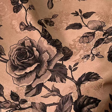 褐金牡丹绘 Mud Silk fabric, Jacquard HUALUO, 25 momme 110cm wide by the Yard
