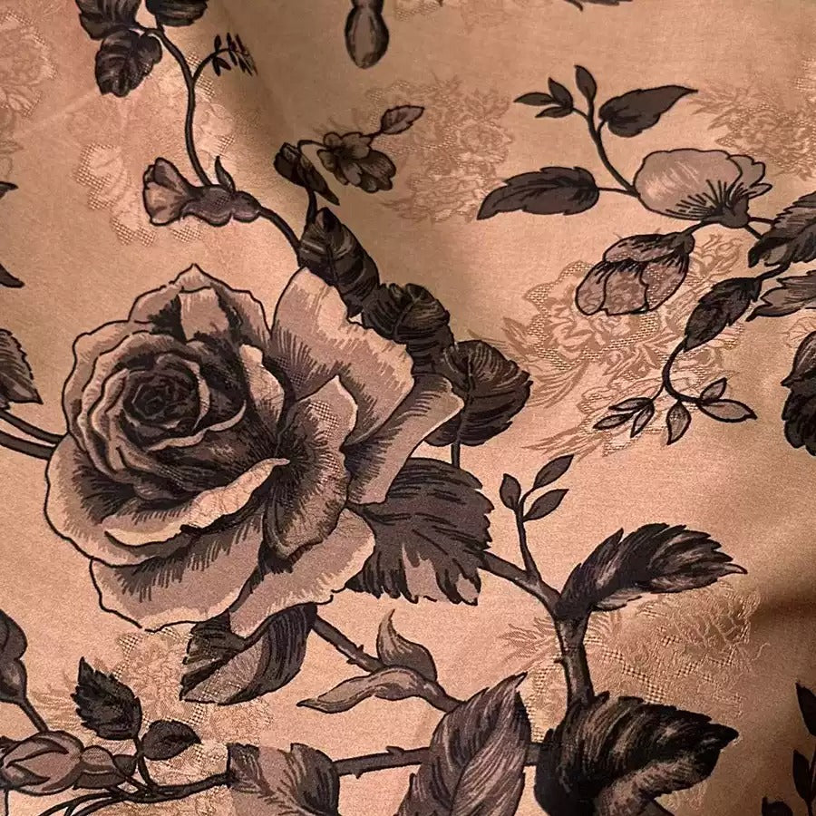 褐金牡丹绘 Mud Silk fabric, Jacquard HUALUO, 25 momme 110cm wide by the Yard