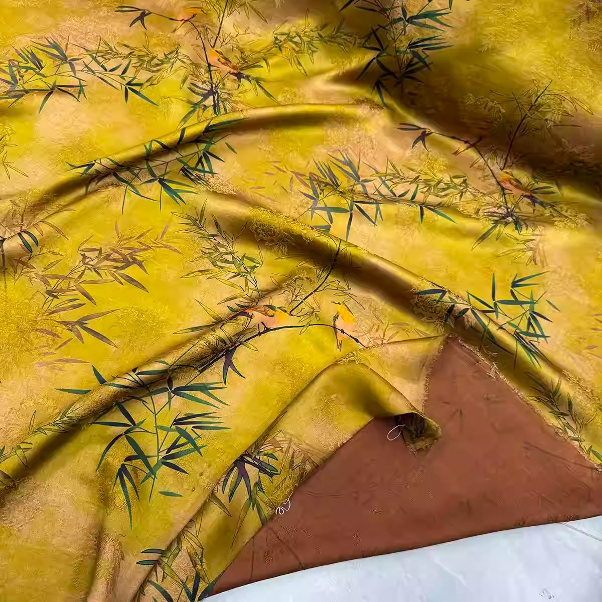 XYHYS 黄韵竹鸟- Jacquard HUALUO Hongyunsha silk fabric, 25 momme openwork texture, 110cm by the Yard