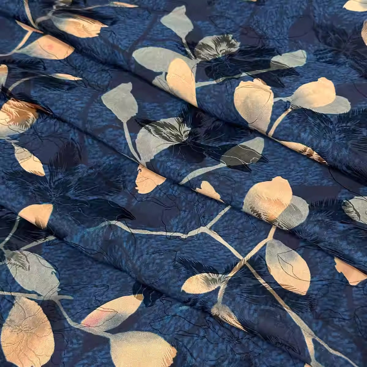 XYHYS 蓝底枝叶- Jacquard HUALUO Hongyunsha silk fabric, 26 momme openwork texture, 110cm by the Yard
