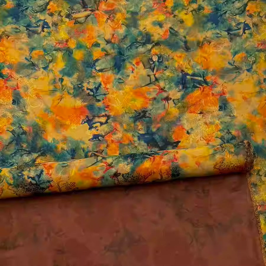 XYHYS 晕染黄绿- Jacquard HUALUO Hongyunsha silk fabric, 25 momme openwork texthture, 110cm by e Yard