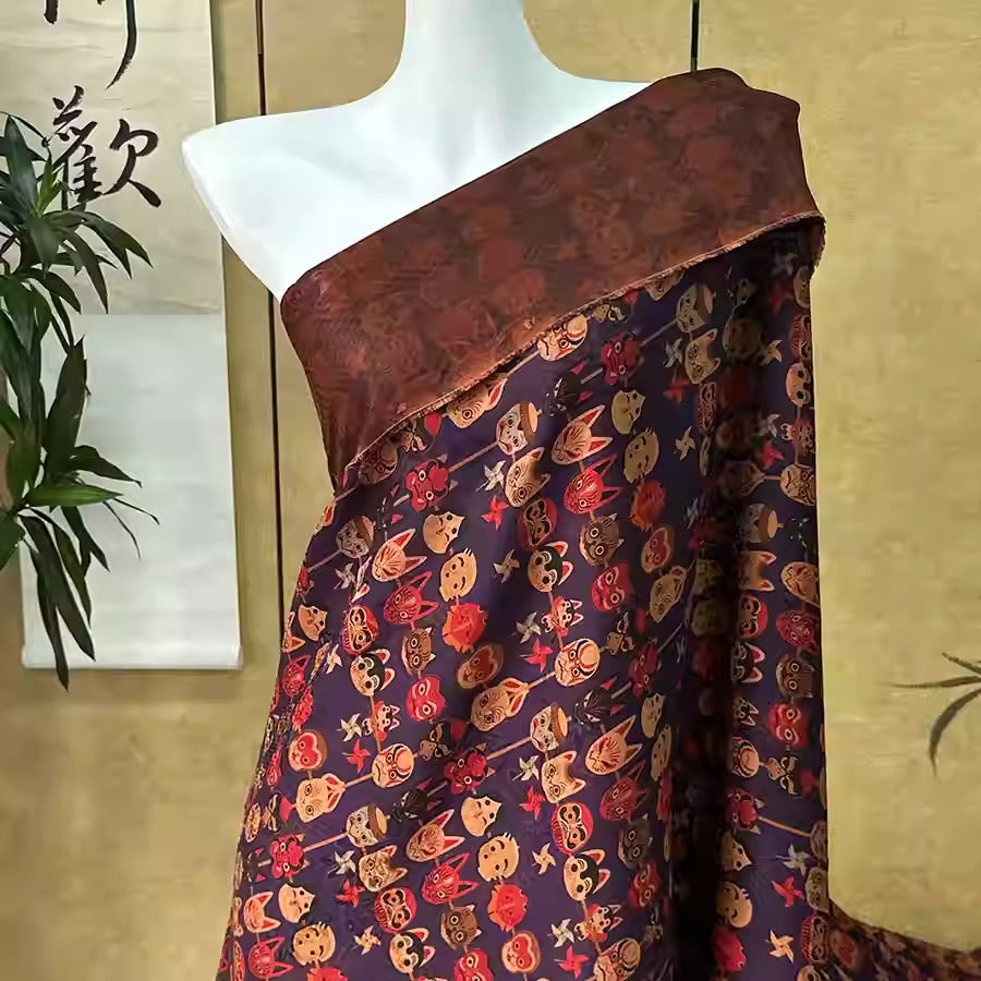 XYHYS 非遗脸谱- Jacquard HUALUO Hongyunsha silk fabric, 25 momme openwork texthture, 110cm by e Yard