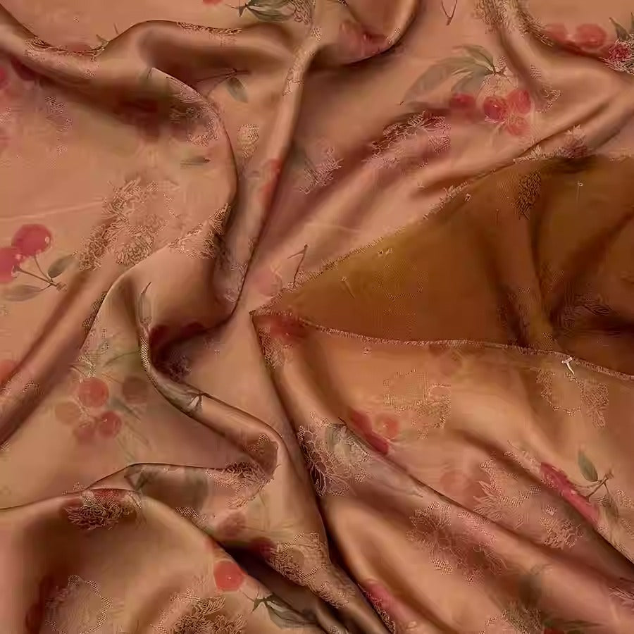 XYHYS 粉红樱桃- Jacquard HUALUO Hongyunsha silk fabric, 25 momme openwork texthture, 110cm by e Yard