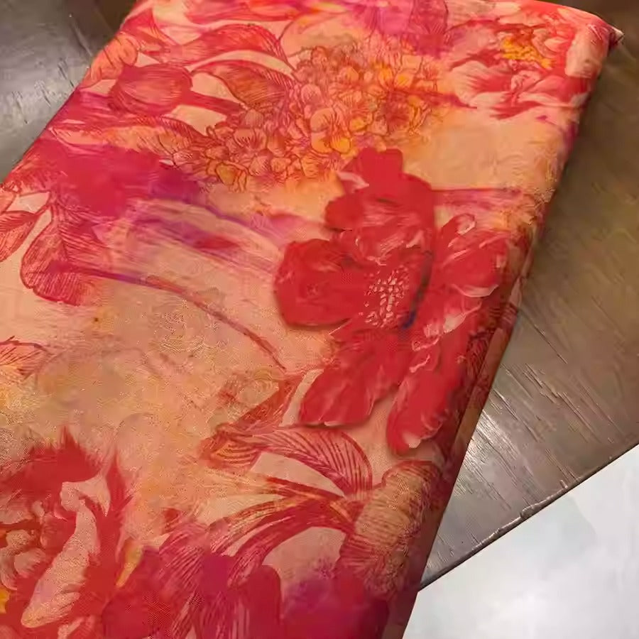 XYHYS 红色大花- Jacquard HUALUO Hongyunsha silk fabric, 25 momme openwork texthture, 110cm by e Yard