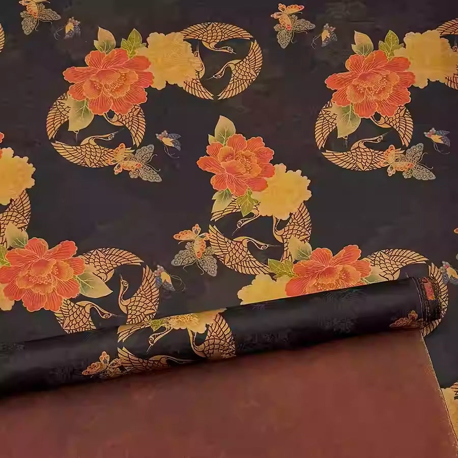 XYHYS 黑韵金凰花- Jacquard HUALUO Hongyunsha silk fabric, 25 momme openwork texthture, 110cm by e Yard