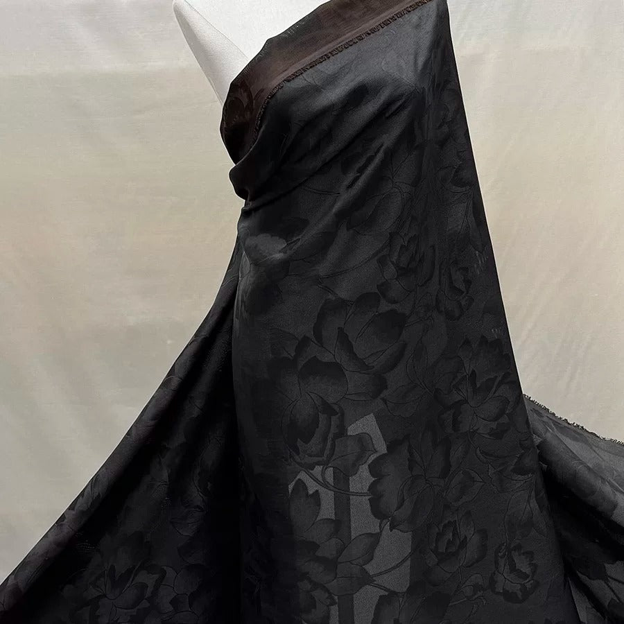 单黑莲花 Mud Silk fabric, Jacquard HUALUO, 25 momme 110cm wide by the Yard