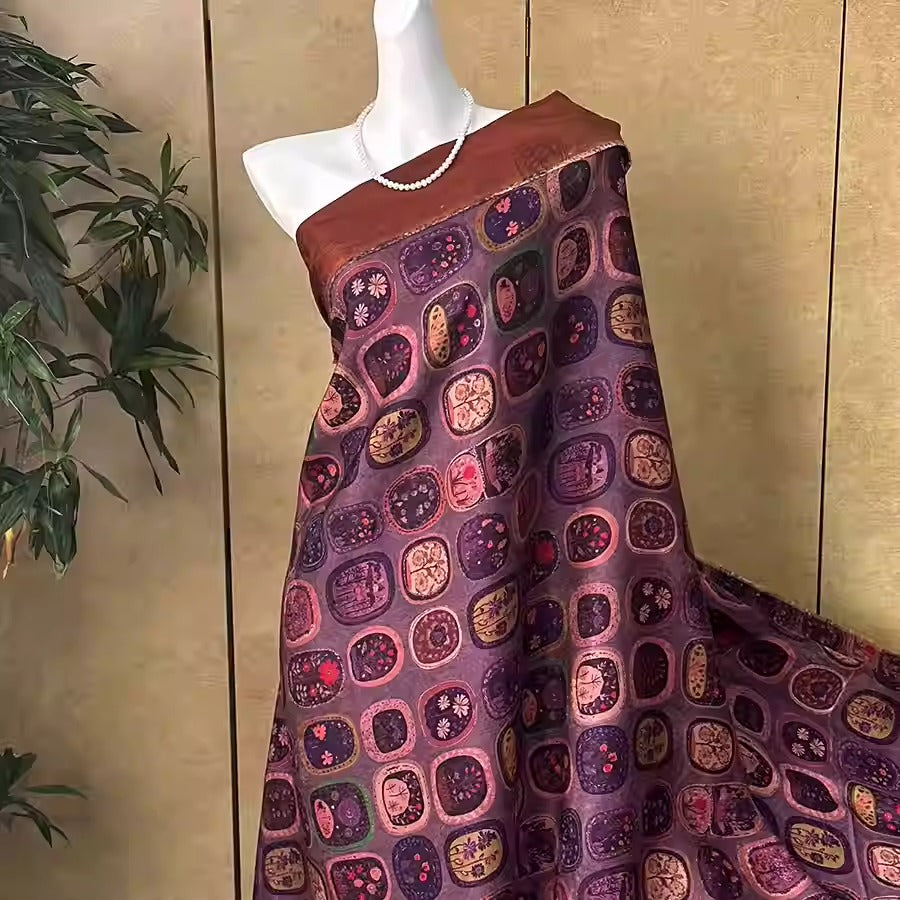 XYHYS 紫色花格- Jacquard HUALUO Hongyunsha silk fabric, 25 momme openwork texthture, 110cm by e Yard
