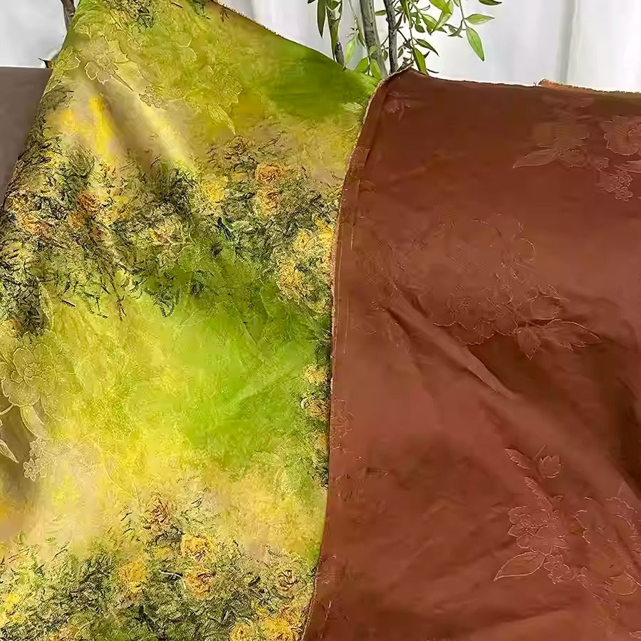 XYHYS 绿底黄玫瑰- Jacquard HUALUO Hongyunsha silk fabric, 25 momme openwork texture, 110cm by the Yard