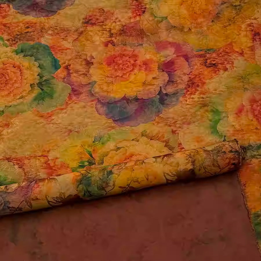 XYHYS 暖色芙蓉- Jacquard HUALUO Hongyunsha silk fabric, 25 momme openwork texthture, 110cm by e Yard