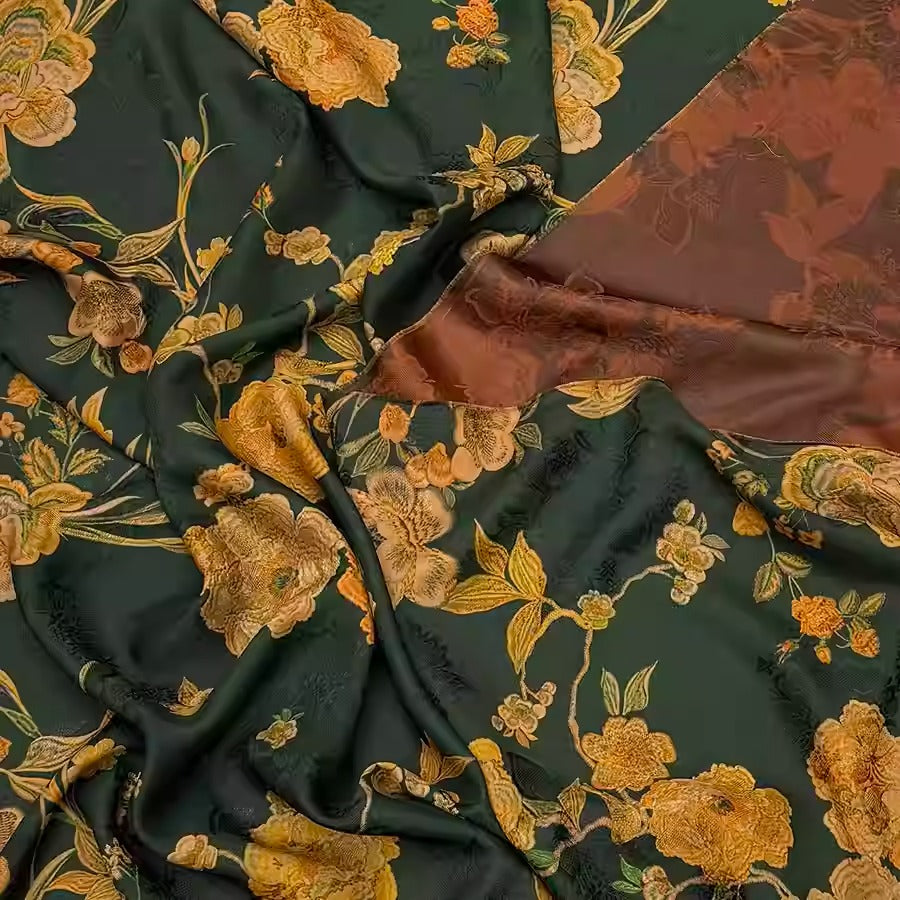 XYHYS 墨底牡丹- Jacquard HUALUO Hongyunsha silk fabric, 25 momme openwork texthture, 110cm by e Yard