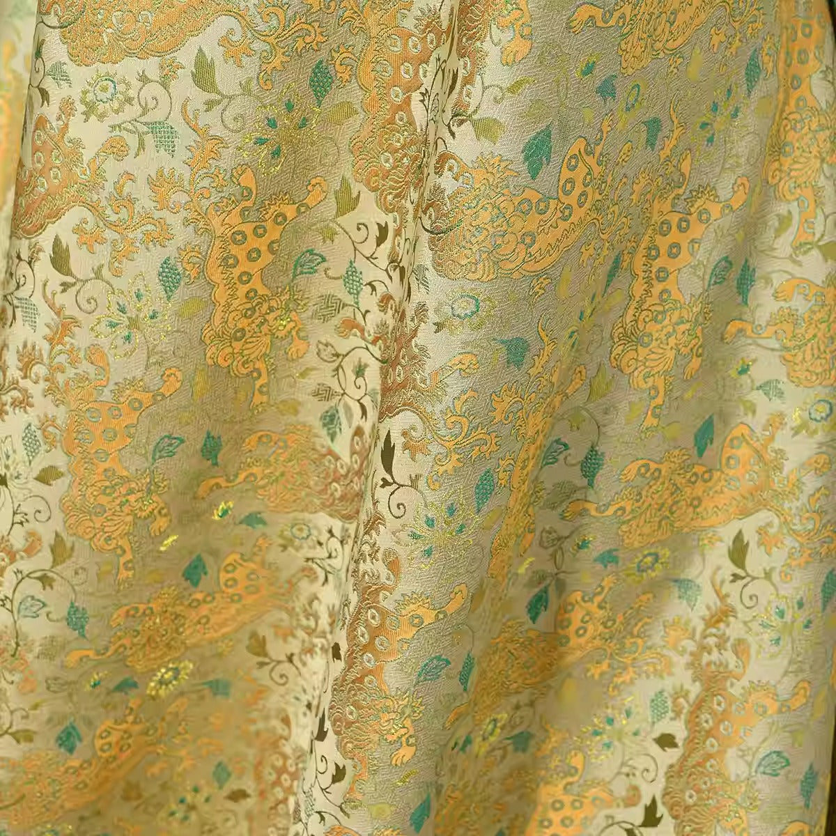 XYLDXSJ 缠枝铜线金钱狮 - Gilt-Thread Song Brocade 织金宋锦, 38 momme 140cm wide by the yard