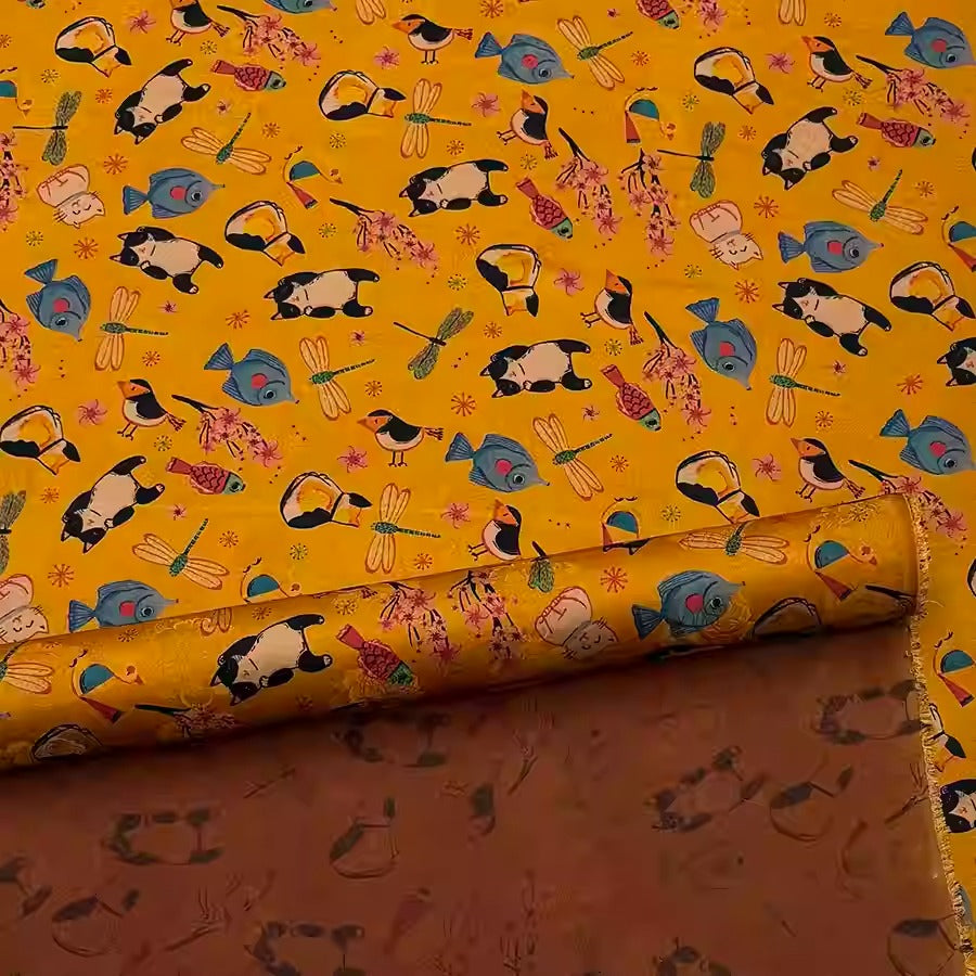 XYHYS 猫鱼鸟蜻蜓- Jacquard HUALUO Hongyunsha silk fabric, 25 momme openwork texthture, 110cm by e Yard