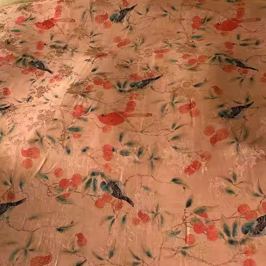 XYHYS 荔枝花鸟- Jacquard HUALUO Hongyunsha silk fabric, 26 momme openwork texture, 110cm by the Yard