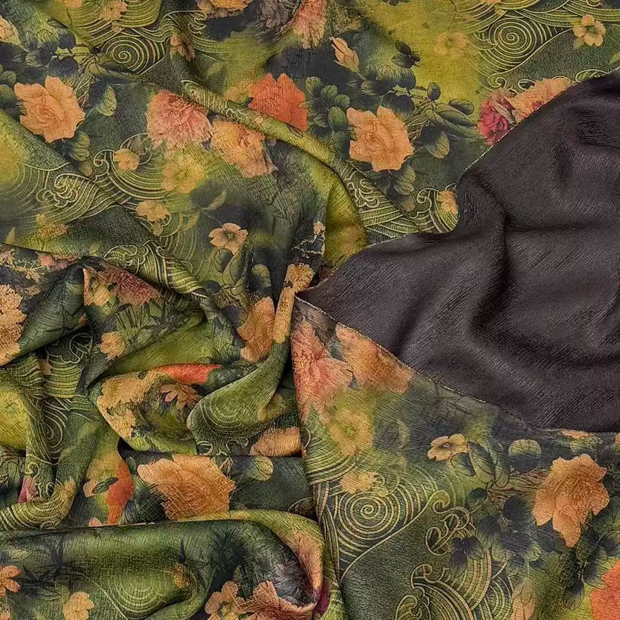 绿底牡丹    Mud Silk fabric, Jacquard HUALUO, 25 momme 140cm wide by the Yard