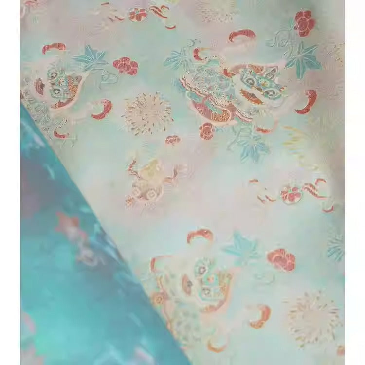 XYLDXSJ 醒狮杂宝纹蓝粉色- Gilt-Thread Song Brocade 织金宋锦, 38 momme 140cm wide by the yard
