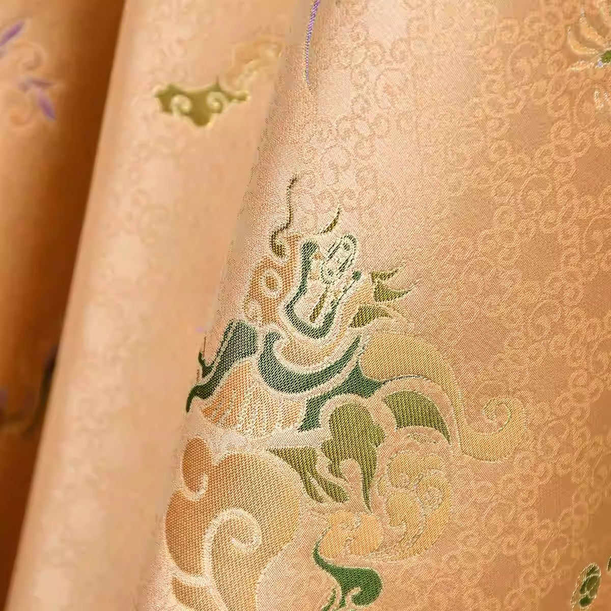 XYLDXSJ 通宝祥云应龙纹橘绿 - Gilt-Thread Song Brocade 织金宋锦, 38 momme 140cm wide by the yard