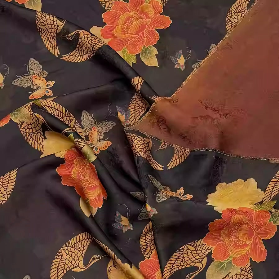 XYHYS 黑韵金凰花- Jacquard HUALUO Hongyunsha silk fabric, 25 momme openwork texthture, 110cm by e Yard