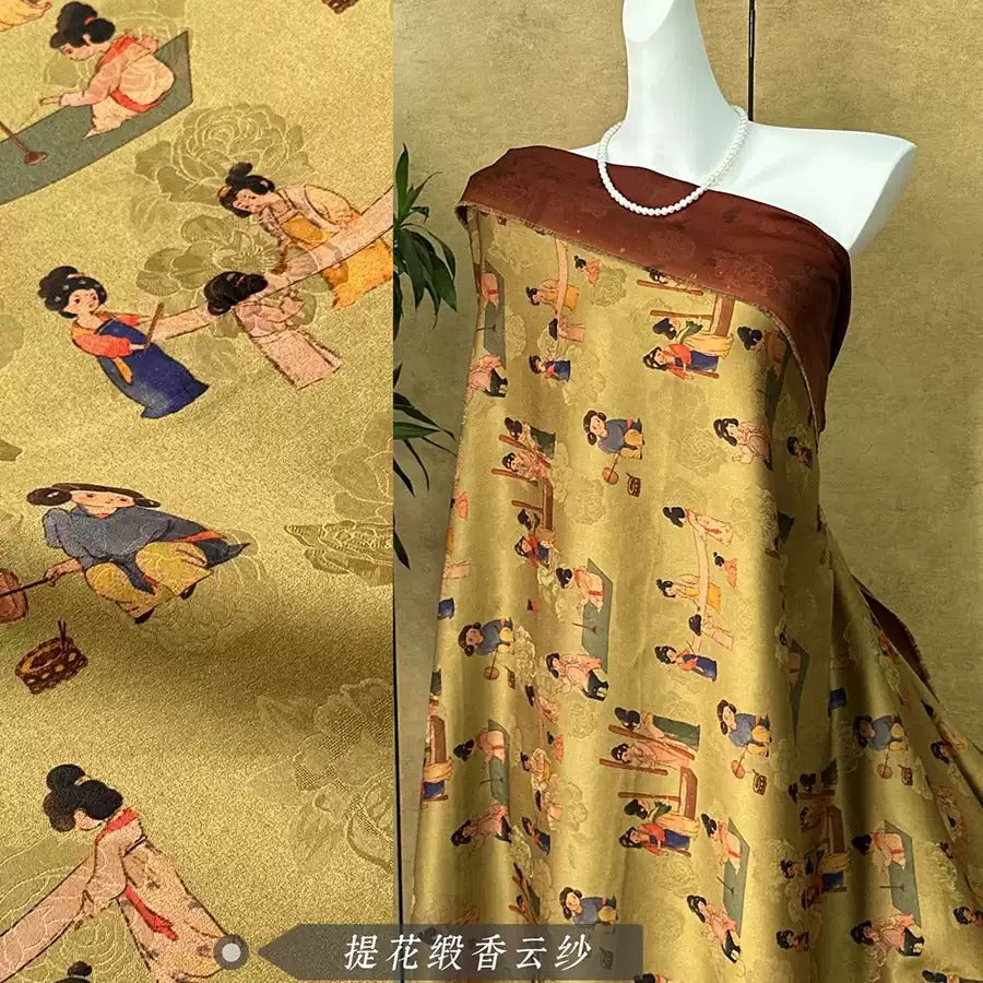仕女捣练图 Mud Silk fabric, Jacquard HUALUO, 25 momme 110cm wide by the Yard