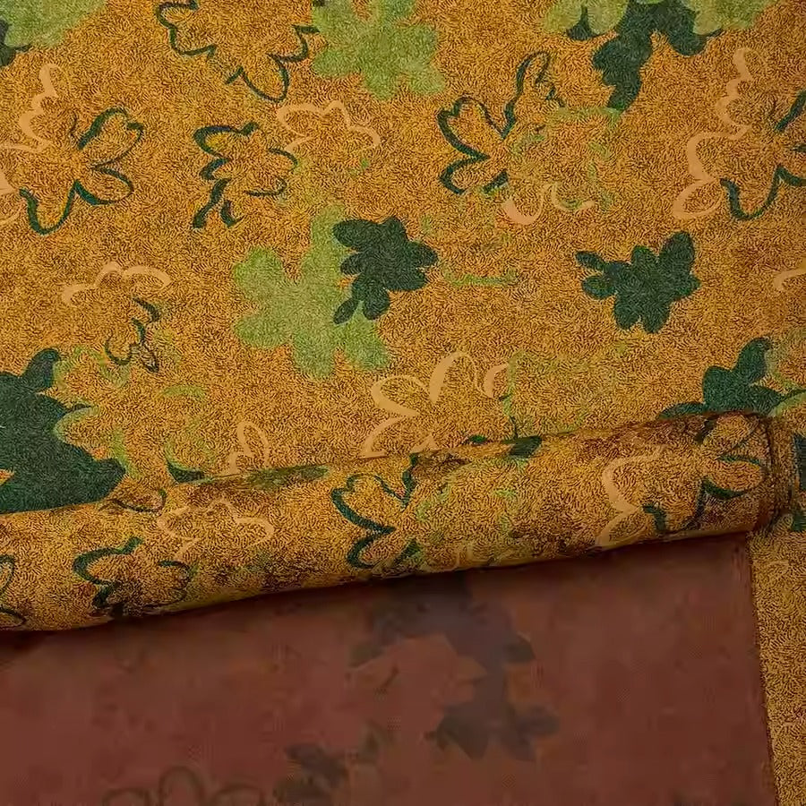 XYHYS 黄底绿叶- Jacquard HUALUO Hongyunsha silk fabric, 25 momme openwork texthture, 110cm by e Yard