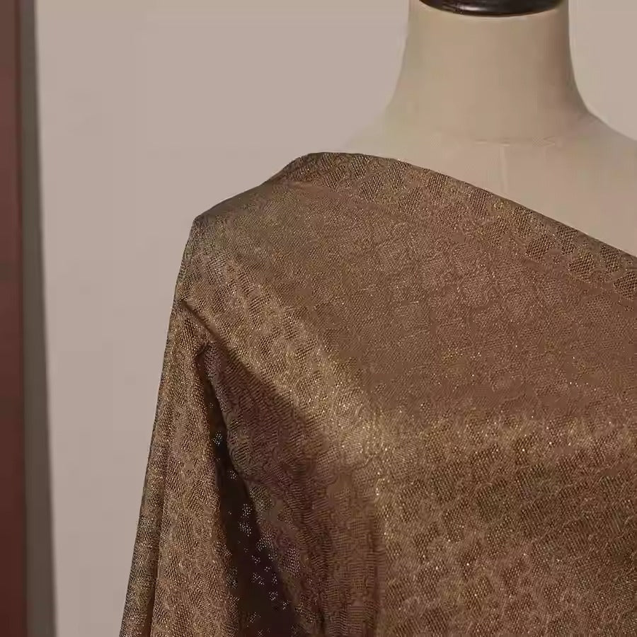 XYLN033 - Leno silk fabric, Gold weave Yarn-dyed, coffee color RUYI, 25 momme 114cm wide by the yard