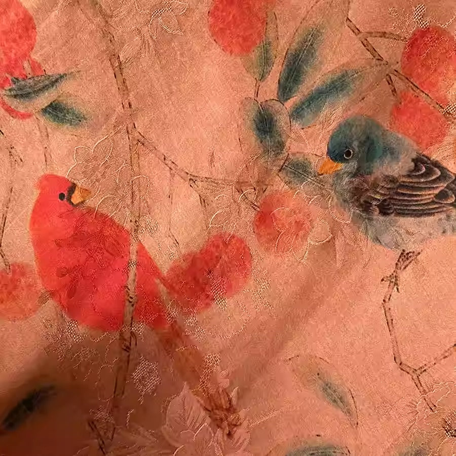 XYHYS 荔枝花鸟- Jacquard HUALUO Hongyunsha silk fabric, 26 momme openwork texture, 110cm by the Yard